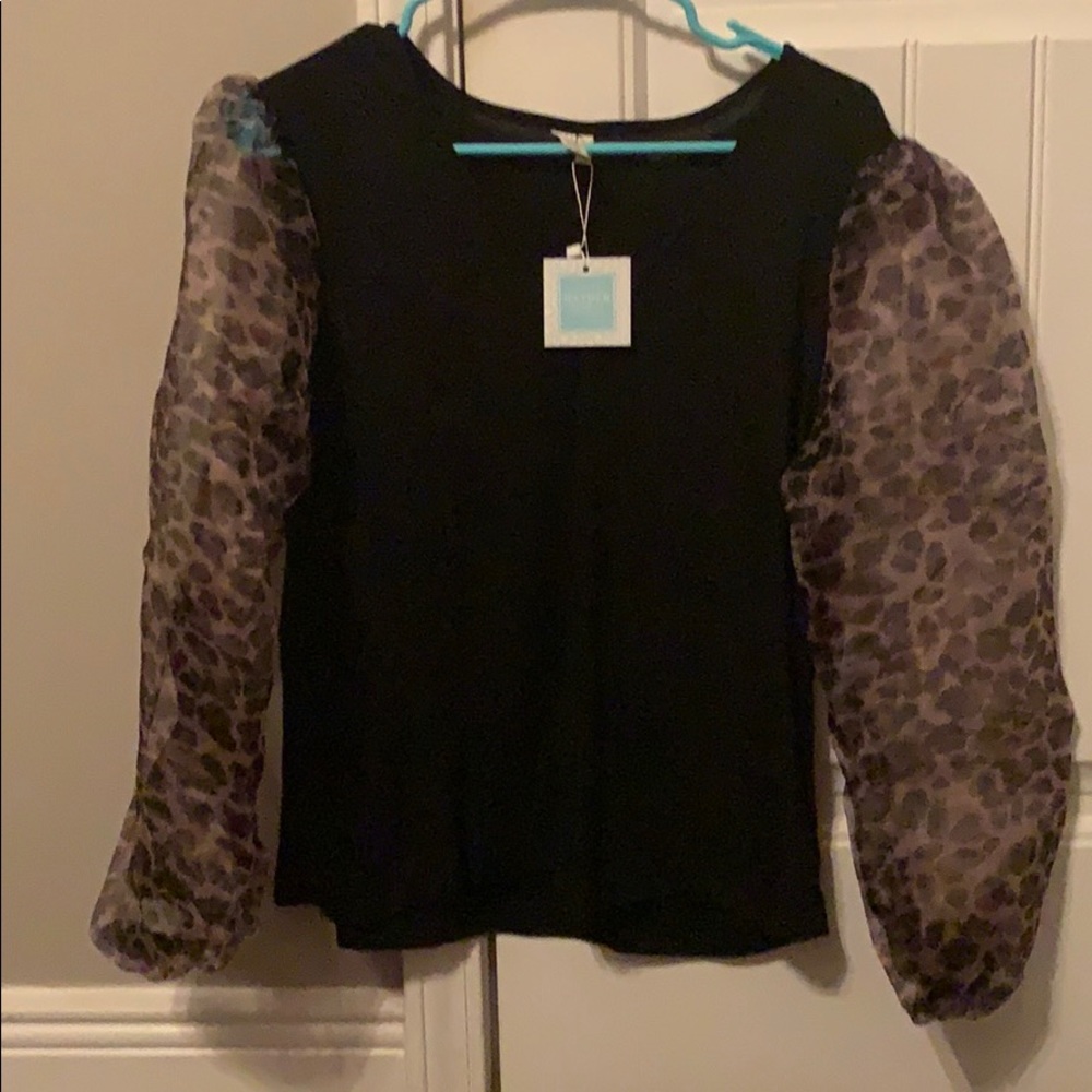 Black shirt with sheer leopard sleeves
